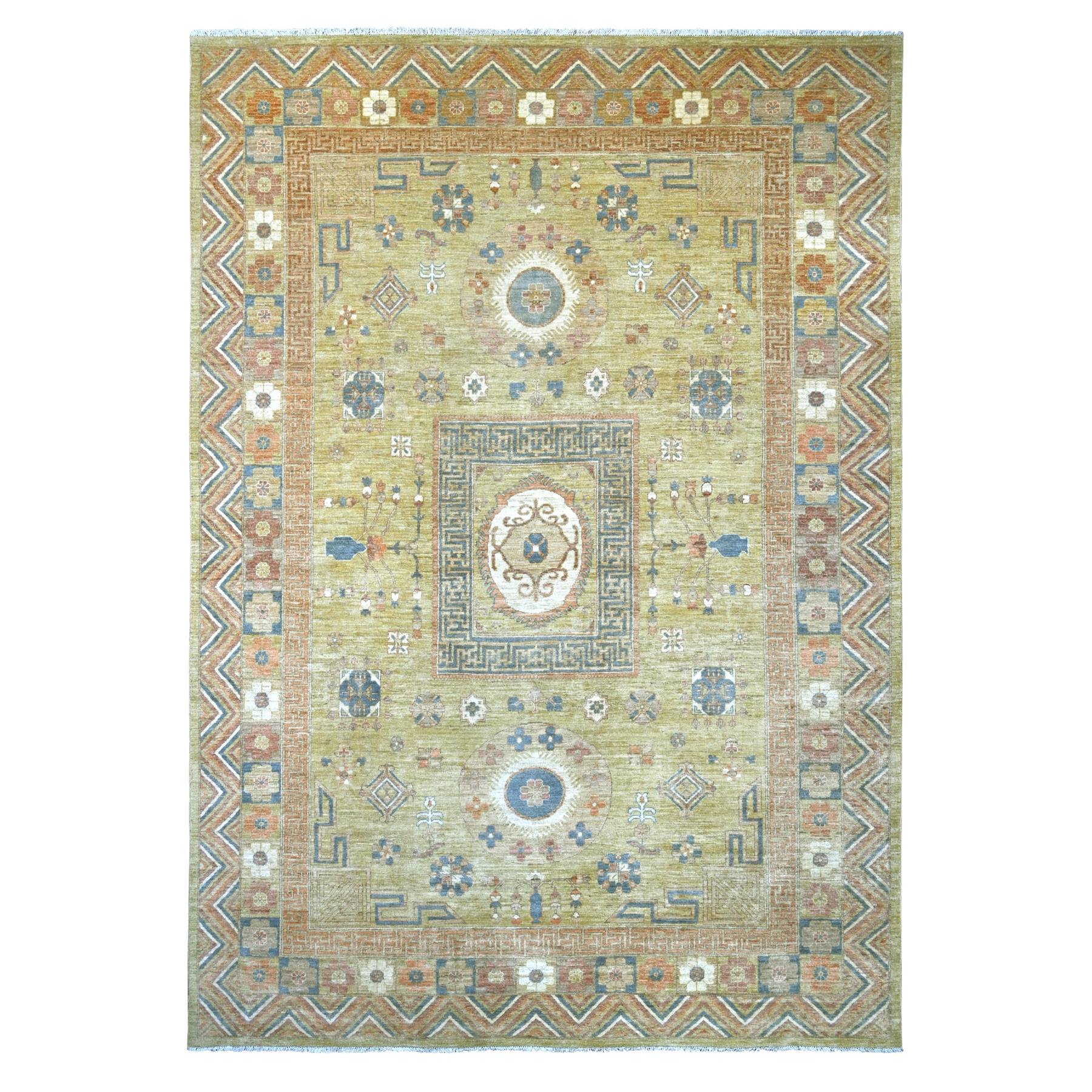 9'9"x13'9" Olive Green, Peshawar with Khotan Design, Natural Dyes, Hand Knotted, Pure Wool, Oriental Rug 